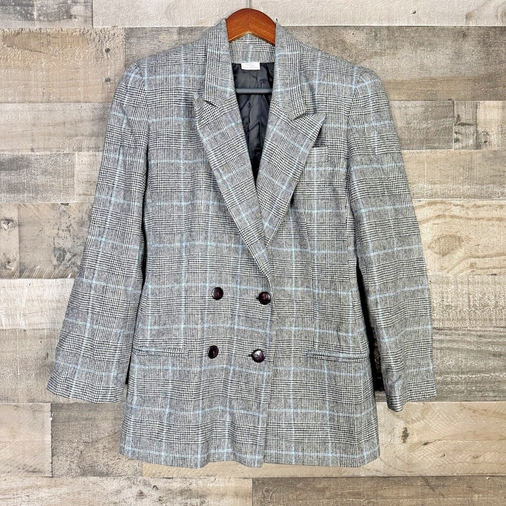 Vtg Oleg Cassini 8 Wool Blend Blazer Gray Herringbone Glen Plaid Double Breasted